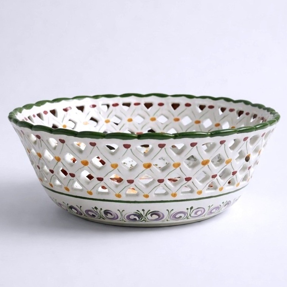 Portugal Hand Painted Reticulated Bowl 9.5" White Floral Good Lattice Pierced